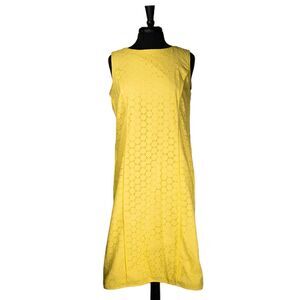 Talbots Women's Dress Yellow Eyelet Cotton Sleeveless Shift Midi Summer Size 12